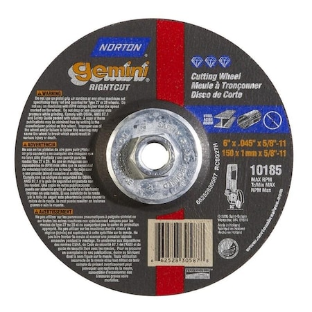 Norton Co Right Angle Cut-Off Blade Type 27 Metal-Aluminum Oxide, 6 x .045 x 5/8-11, Max RPM: 10185 662528-30587